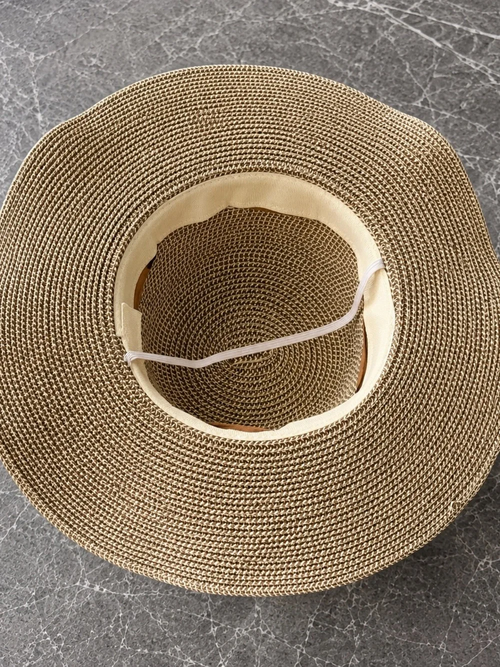 Wide-Brim Straw Sun Hat with Polka Dot Scarf - Tan